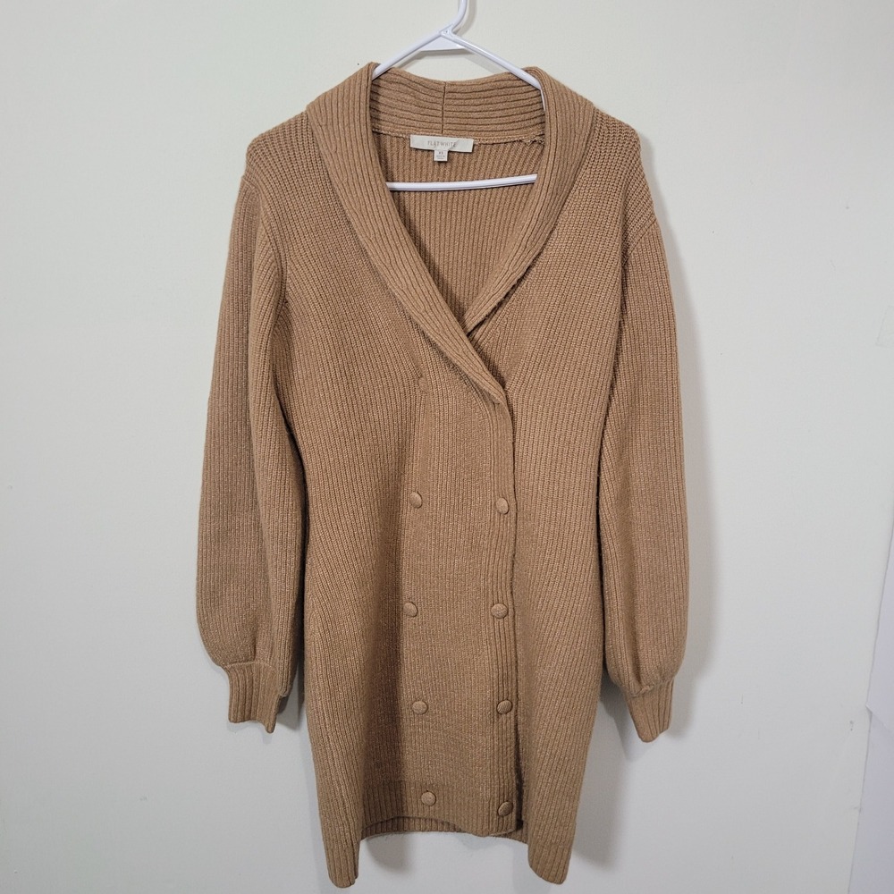 Flat White Size XS Cardigan Dress Womens Camel Ribbed Shawl Collar Puff Sleeve